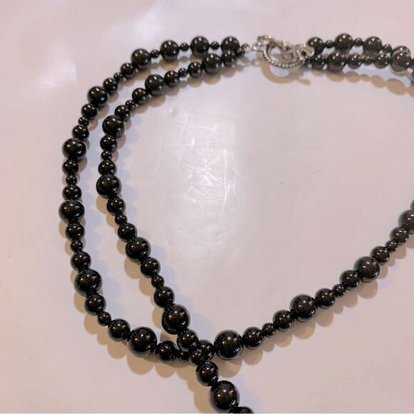 Vintage Black Glass Necklace 2 Strand Round Beads 16” see video Gorgeous - Picture 3 of 6